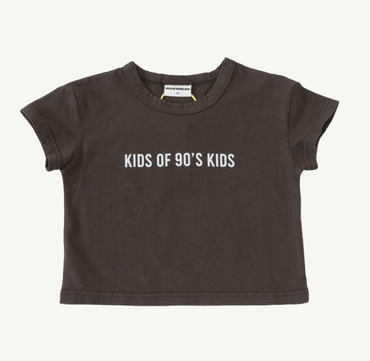 kids dark brown garment dyed oversized t-shirt tee with 90's inspired logo 